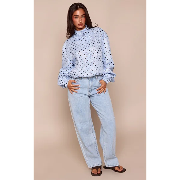 Bleu Chemise Petite À Pois À Col Montant Avec Détail Nœud Et Manches Longues