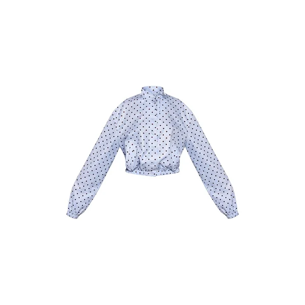 Bleu Chemise Petite À Pois À Col Montant Avec Détail Nœud Et Manches Longues
