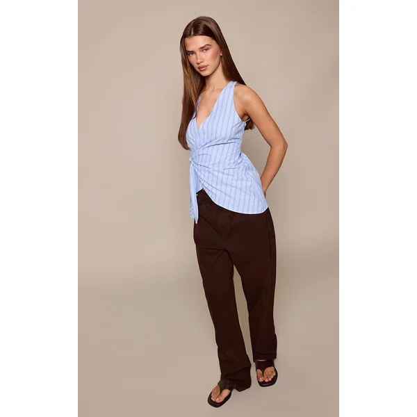 Bleu Chemise Sans Manches À Rayures Avec Détail Nœud Noué