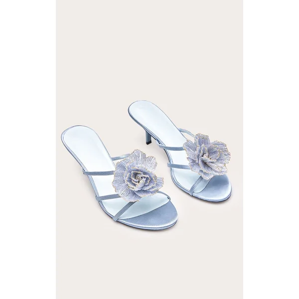 Bleu Ciel Mule À Talon Chaton Ornée De Fleurs Perlées
