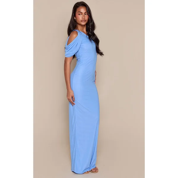 Bleu Ciel Robe Longue Asymétrique Sans Manches En Mousseline