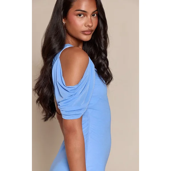 Bleu Ciel Robe Longue Asymétrique Sans Manches En Mousseline