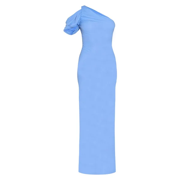 Bleu Ciel Robe Longue Asymétrique Sans Manches En Mousseline