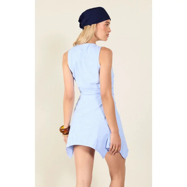 Bleu Ciel Robe Moulante En Coton Rayé Avec Détail Froncé