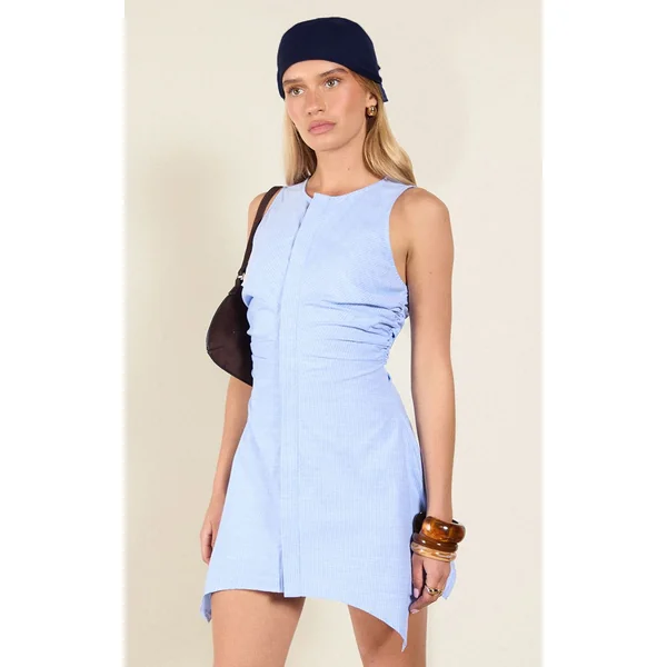 Bleu Ciel Robe Moulante En Coton Rayé Avec Détail Froncé