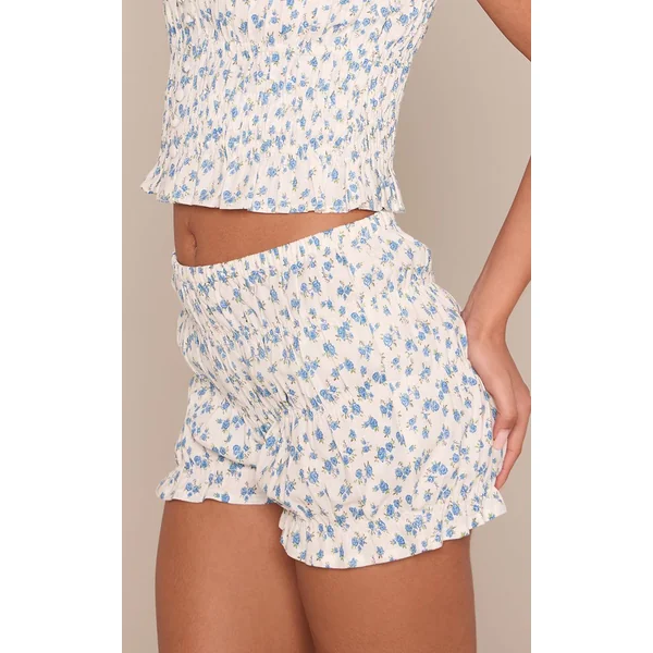 Bleu Ciel Short Froncé En Coton À Imprimé Fleuri Ditsy Coordonné