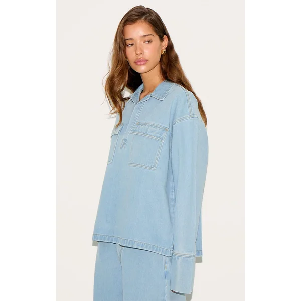 Bleu Clair Chemise De Rugby En Denim Décontractée À Manches Longues Bleu Vintage