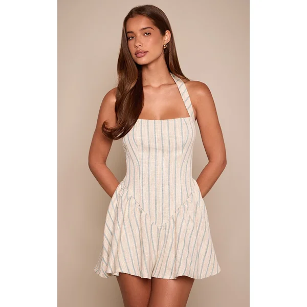 Bleu Clair Combinaison Short Flottante En Lin Rayé À Col Licou