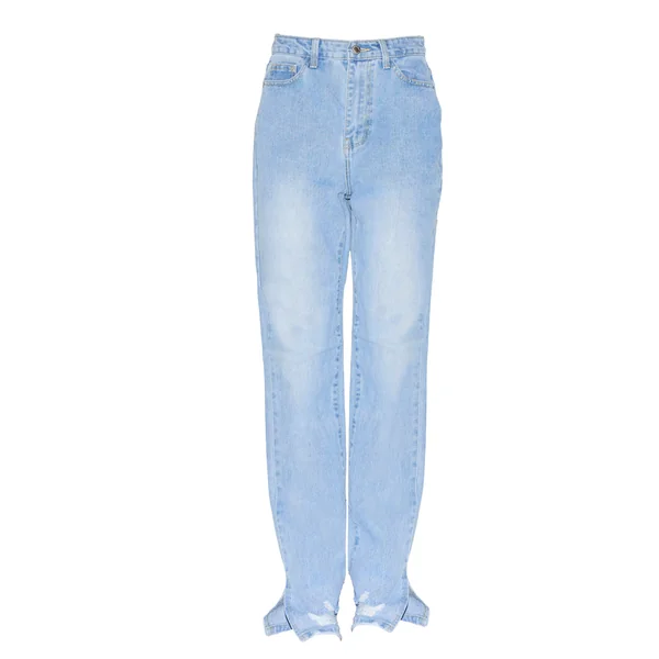 Bleu Clair Délavé Jean Droit Effet Usé À Ourlets Fendus