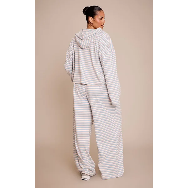 Bleu Clair Ensemble Coordonné Jogging Jambe Droite En Molleton Doux Rayé Grande Taille