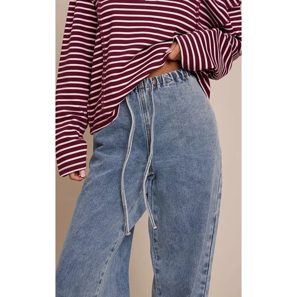 Bleu Clair Jean Large Taille Haute Élastiquée Avec Lien En Denim Petite