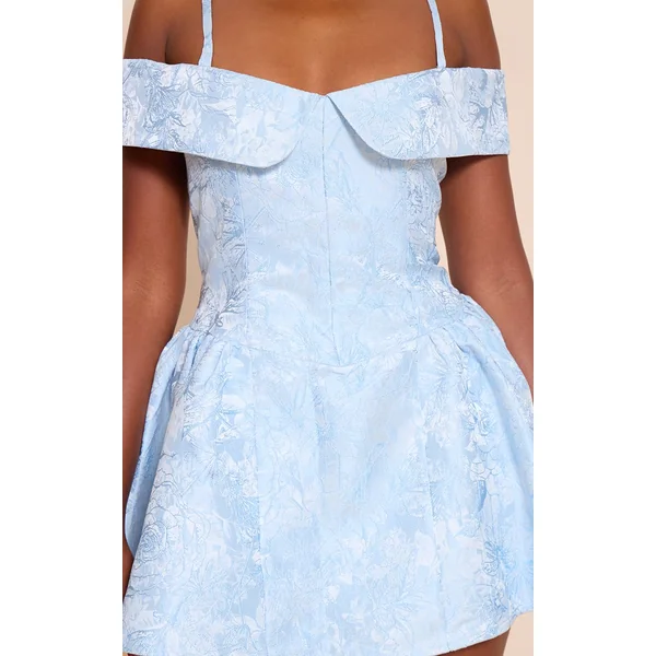 Bleu Clair Robe Droite Bardot En Jacquard