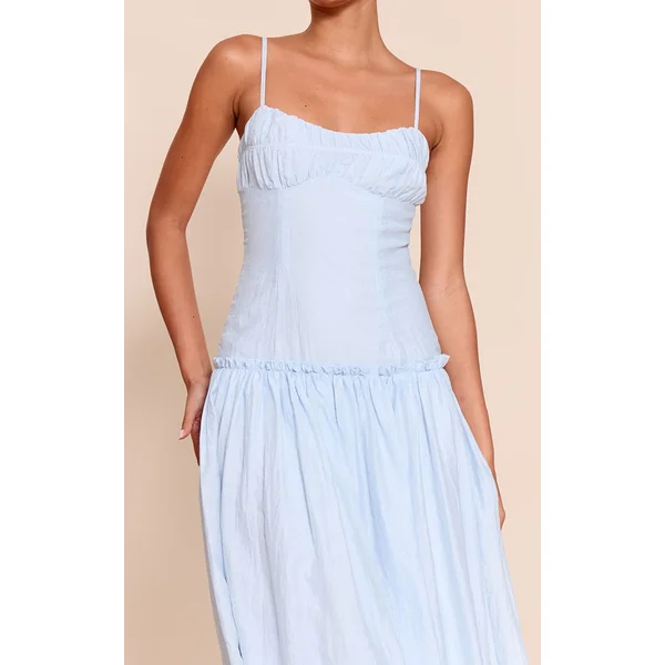 Bleu Clair Robe Longue Taille Basse À Buste Froncé