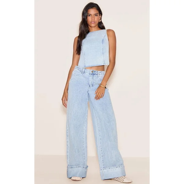 Bleu Clair Top En Denim Sans Manches Crème Beurre Avec Lien Au Dos