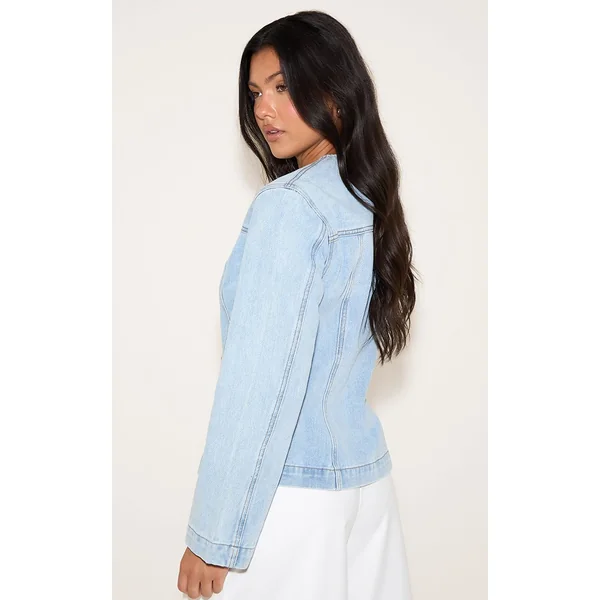 Bleu Clair Veste En Jean Cintrée À Manches Longues Avec Surpiqûres Contrastées