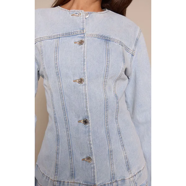 Bleu Clair Veste En Jean Cintrée À Manches Longues Avec Surpiqûres Contrastées