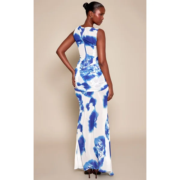 Bleu Cobalt Ensemble Jupe Longue En Mousseline Froncée À Imprimé Floral