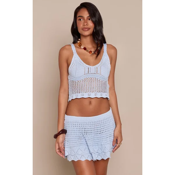 Bleu Débardeur Caraco En Crochet À Bord Festonné
