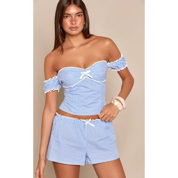 Bleu Ensemble Coordonné Short À Fines Rayures