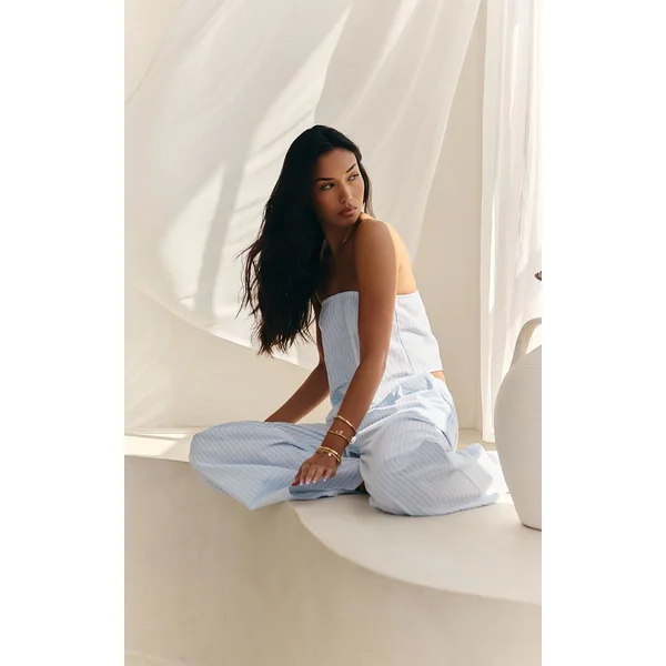Bleu Ensemble Haut Bandeau À Rayures Fines Avec Ourlet Asymétrique