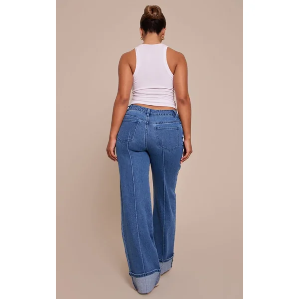 Bleu Foncé Jean Large Taille Haute En Denim Stretch Avec Pinces Et Ourlet Retroussé Shape