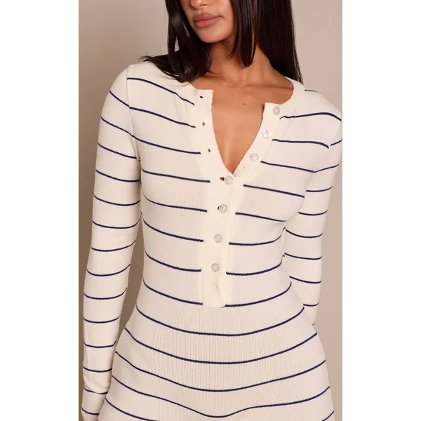Bleu Marine Combinaison-short Rayée En Maille À Manches Longues Petite