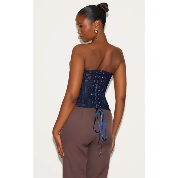 Bleu Marine Corset En Dentelle Florale Transparente Texturée