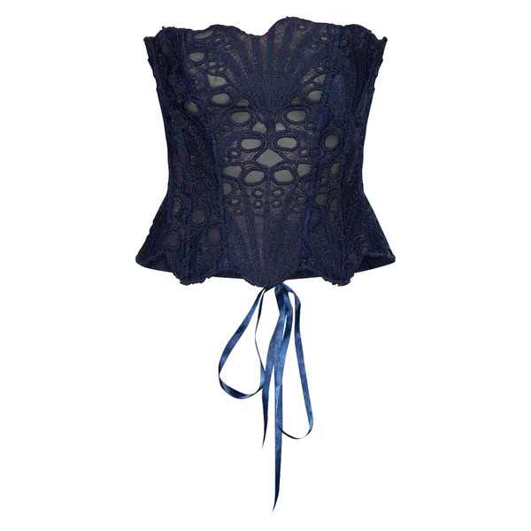 Bleu Marine Corset En Dentelle Florale Transparente Texturée