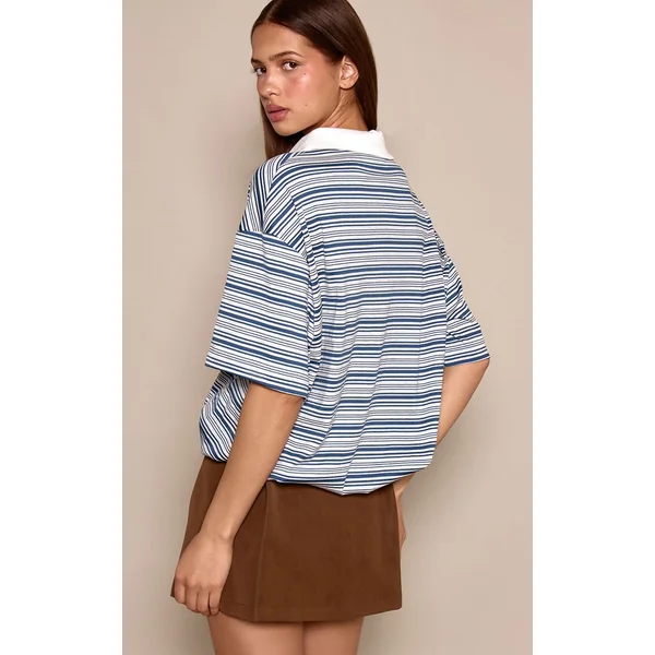 Bleu Marine Haut Style Rugby À Rayures Avec Ourlet Bouffant
