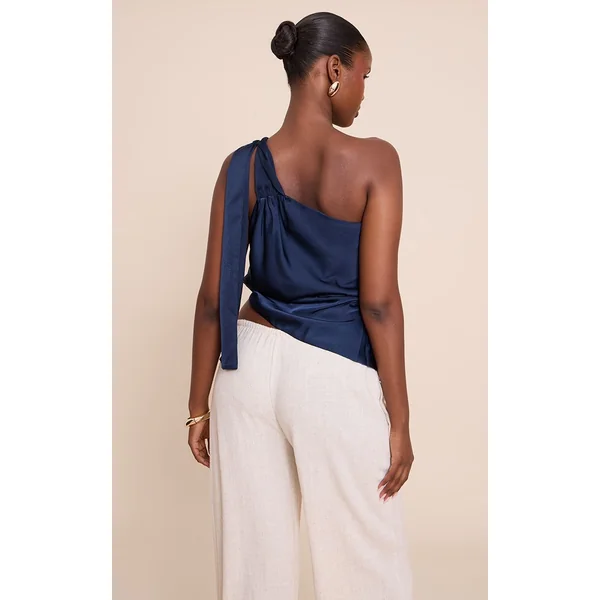 Bleu Marine Haut À Détail Drapé Et Garniture En Satin