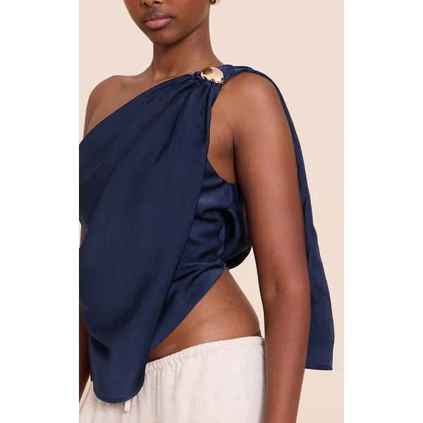 Bleu Marine Haut À Détail Drapé Et Garniture En Satin