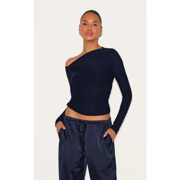 Bleu Marine Haut À Manches Longues Avec Détail Asymétrique Toucher Doux