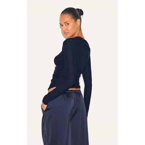 Bleu Marine Haut À Manches Longues Avec Détail Asymétrique Toucher Doux