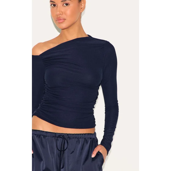 Bleu Marine Haut À Manches Longues Avec Détail Asymétrique Toucher Doux