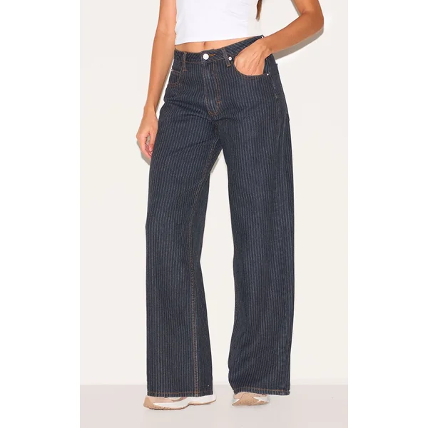 Bleu Marine Jean Baggy Taille Basse À Fines Rayures