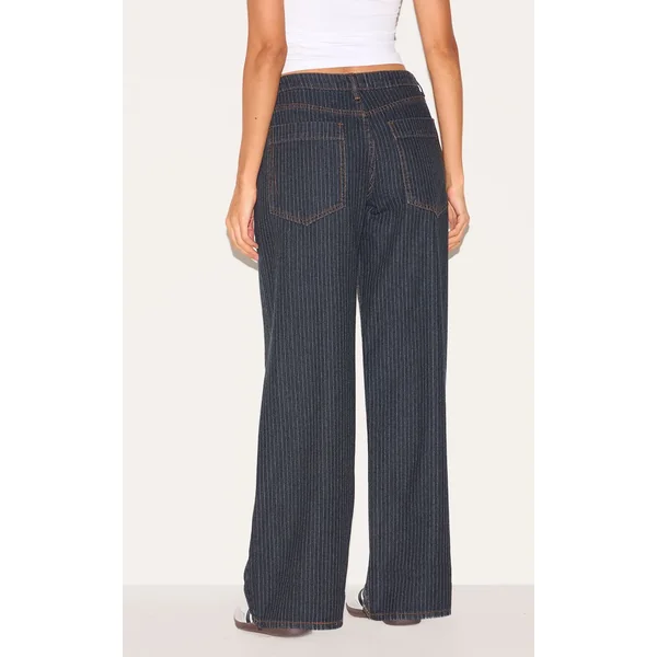 Bleu Marine Jean Baggy Taille Basse À Fines Rayures