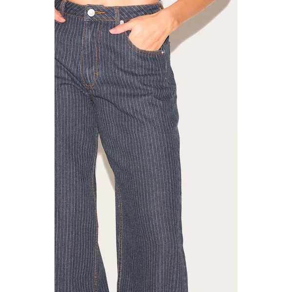 Bleu Marine Jean Baggy Taille Basse À Fines Rayures