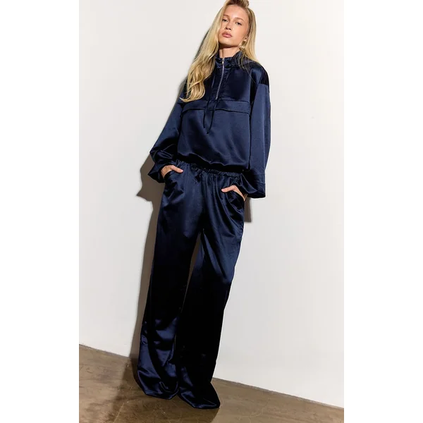 Bleu Marine Pantalon Large En Satin
