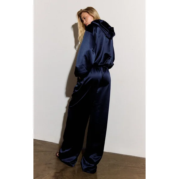 Bleu Marine Pantalon Large En Satin