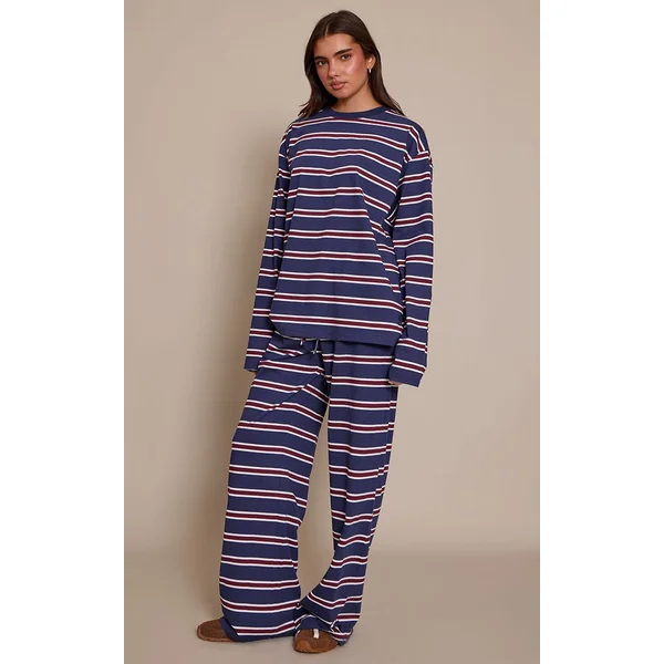 Bleu Marine Rayé Pantalon Large À Rayures Avec Cordon De Serrage