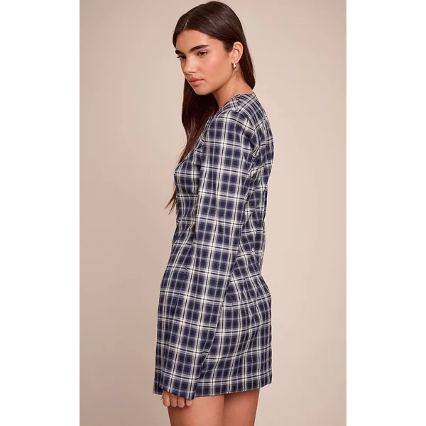 Bleu Marine Robe Blazer Mini À Carreaux Avec Épaulettes