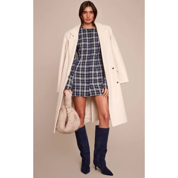 Bleu Marine Robe Blazer Mini À Carreaux Avec Épaulettes