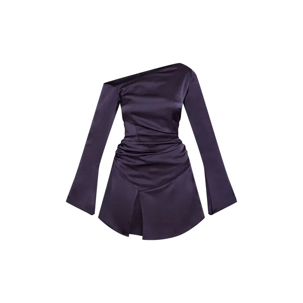 Bleu Marine Robe Droite Courte Asymétrique En Satin À Manche Longue