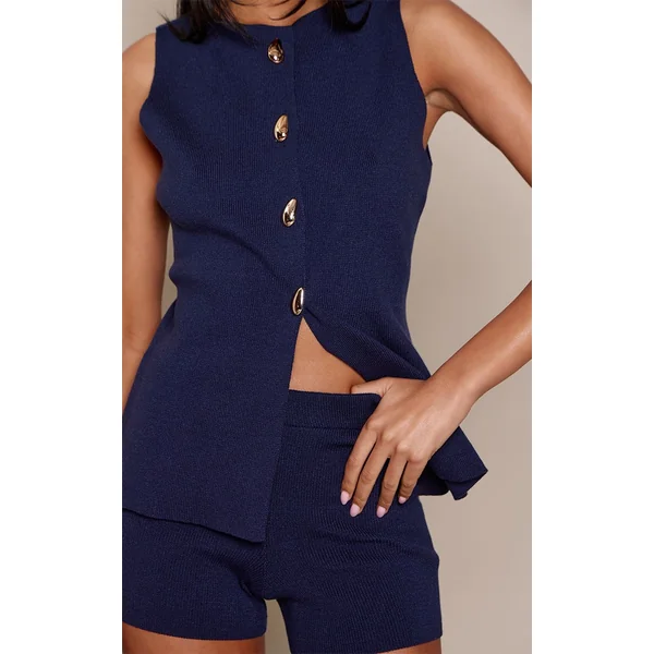 Bleu Marine Short Mini En Maille Compacte Tall