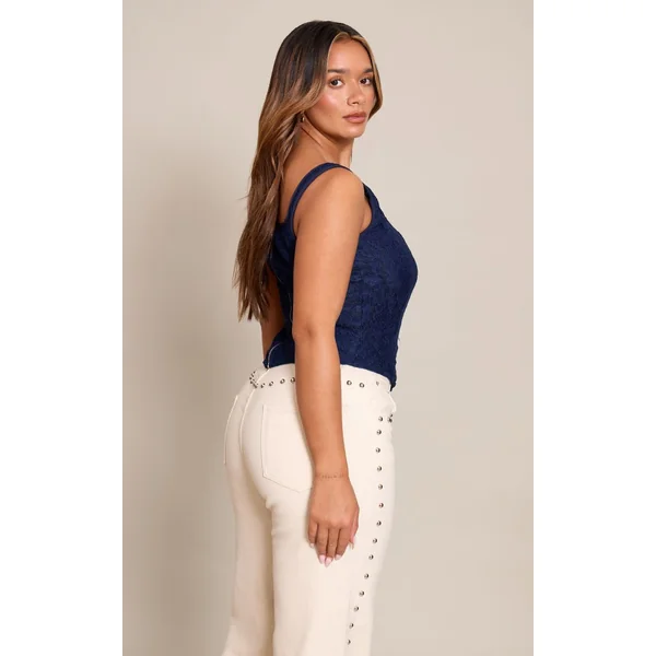 Bleu Marine Top Corset Long À Encolure Carrée En Dentelle Shape