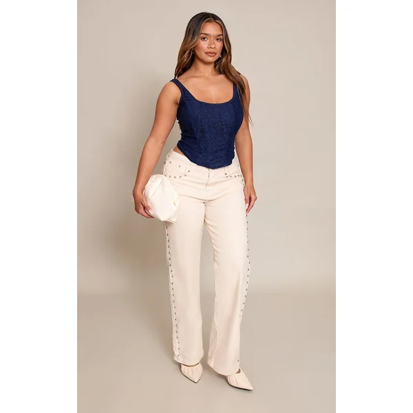 Bleu Marine Top Corset Long À Encolure Carrée En Dentelle Shape