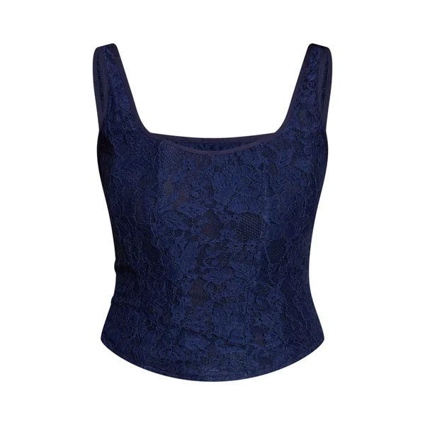 Bleu Marine Top Corset Long À Encolure Carrée En Dentelle Shape