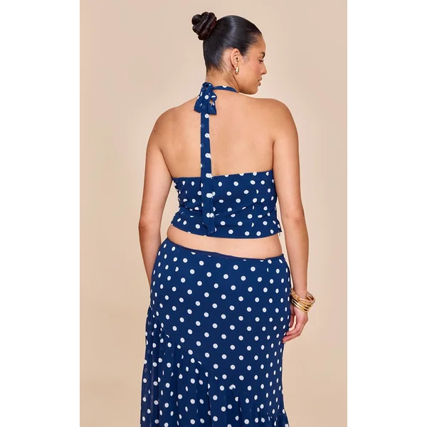 Bleu Marine Top En Mousseline À Pois Et Col Licou Grande Taille Coordonné