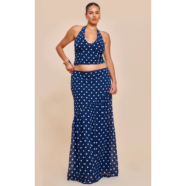 Bleu Marine Top En Mousseline À Pois Et Col Licou Grande Taille Coordonné