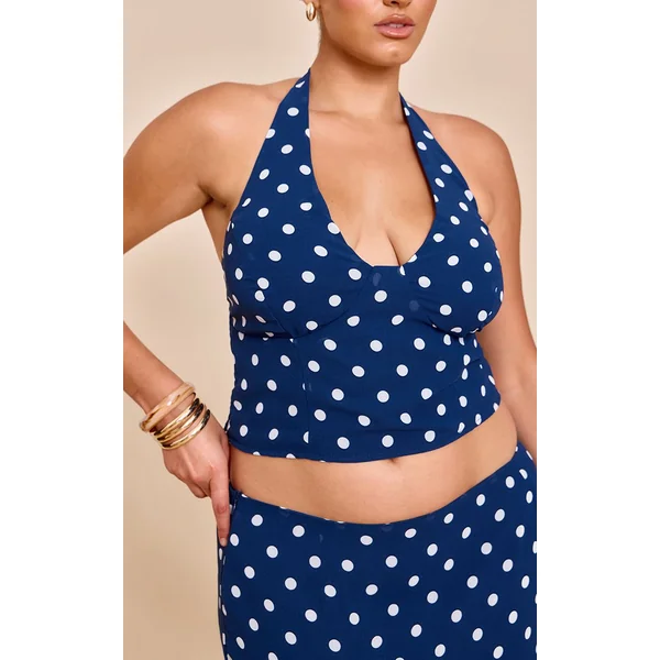 Bleu Marine Top En Mousseline À Pois Et Col Licou Grande Taille Coordonné